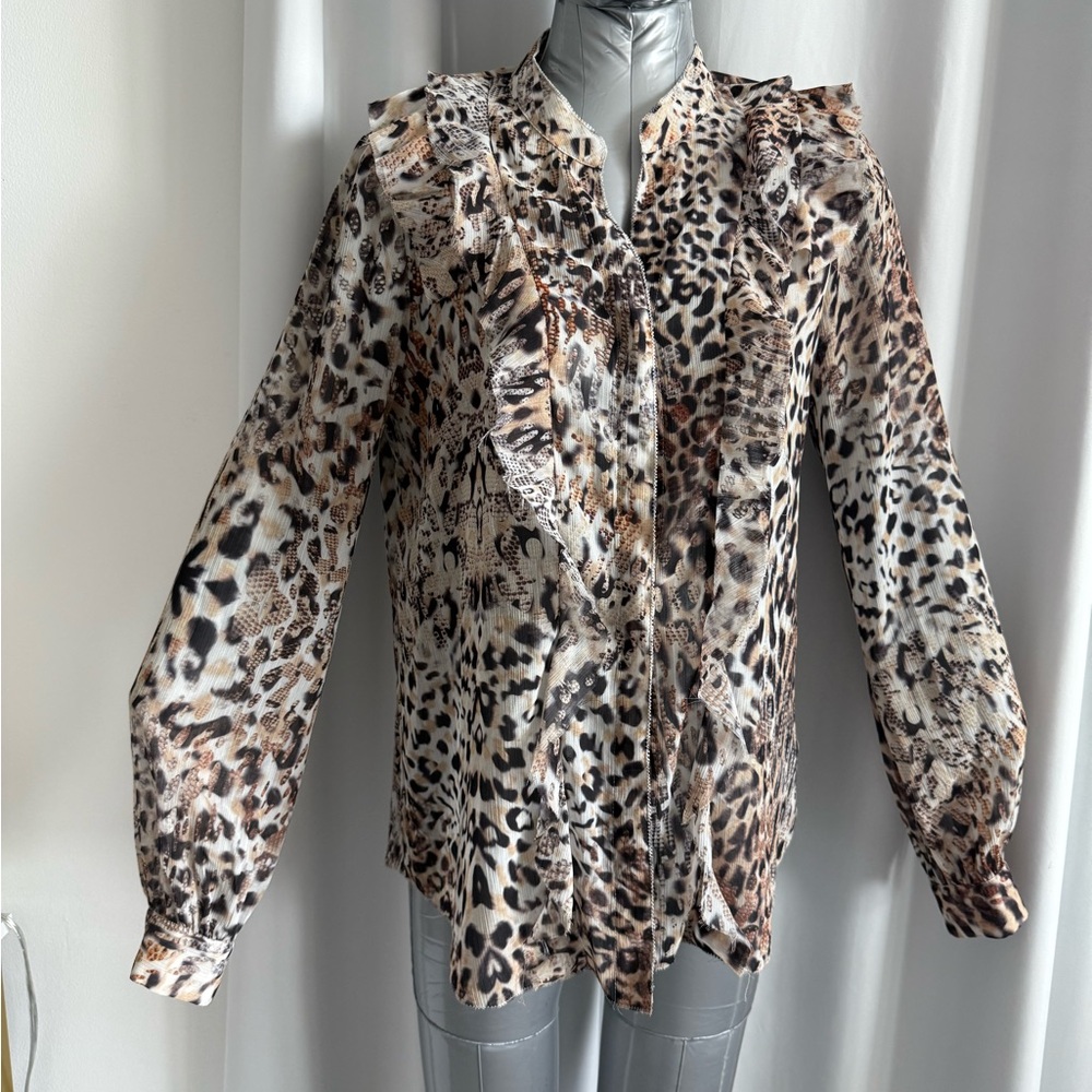 L'AGENCE Animal Print Ruffle Blouse